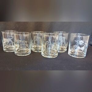 VTG Wild Animals Motif Whiskey Glasses (Set Of 6) EUC